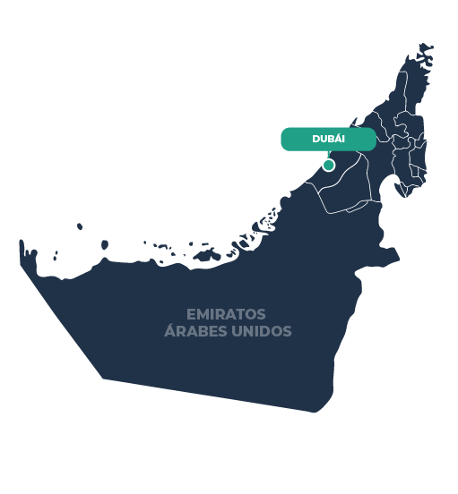 Mapa azul de los emiratos árabes unidos localizando la ciudad de dubái